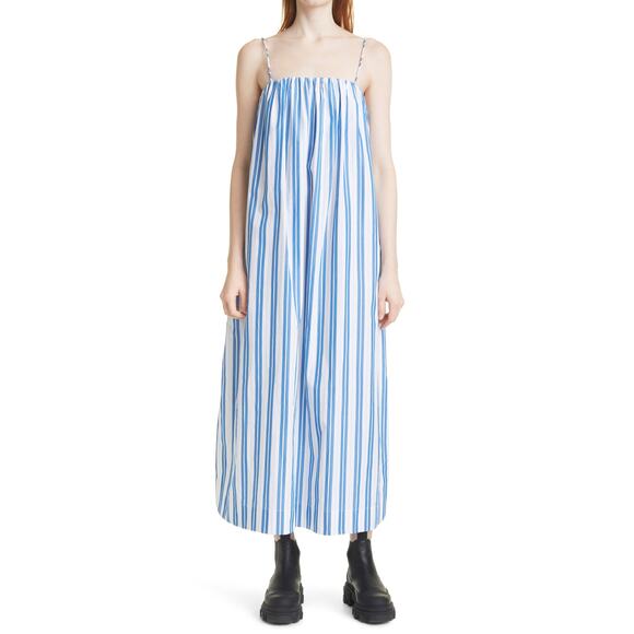 GANNI Stripe Organic Cotton Tank Maxi Dress - US 8 Blue - Picture 1 of 5